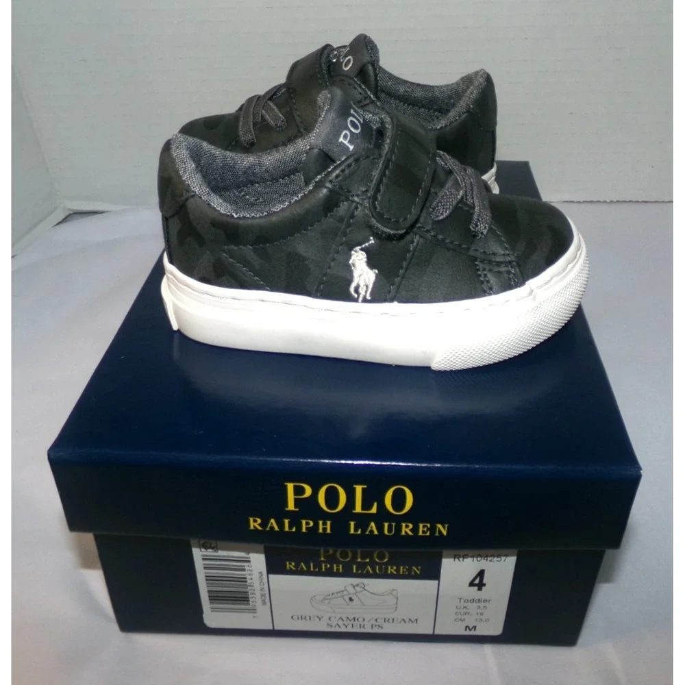 NIB POLO RALPH LAUREN SAYER GREY CAMO SHOES~SZ‎ 4~TODDLER~